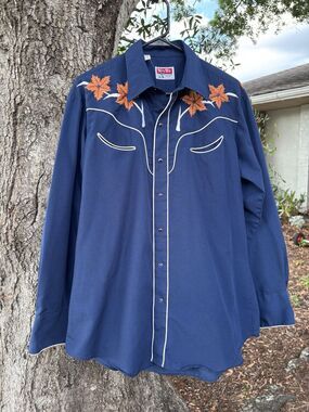 Vintage Tem Tex Western Blue Floral Embroidered Cotton Button-Up Shirt Men's
